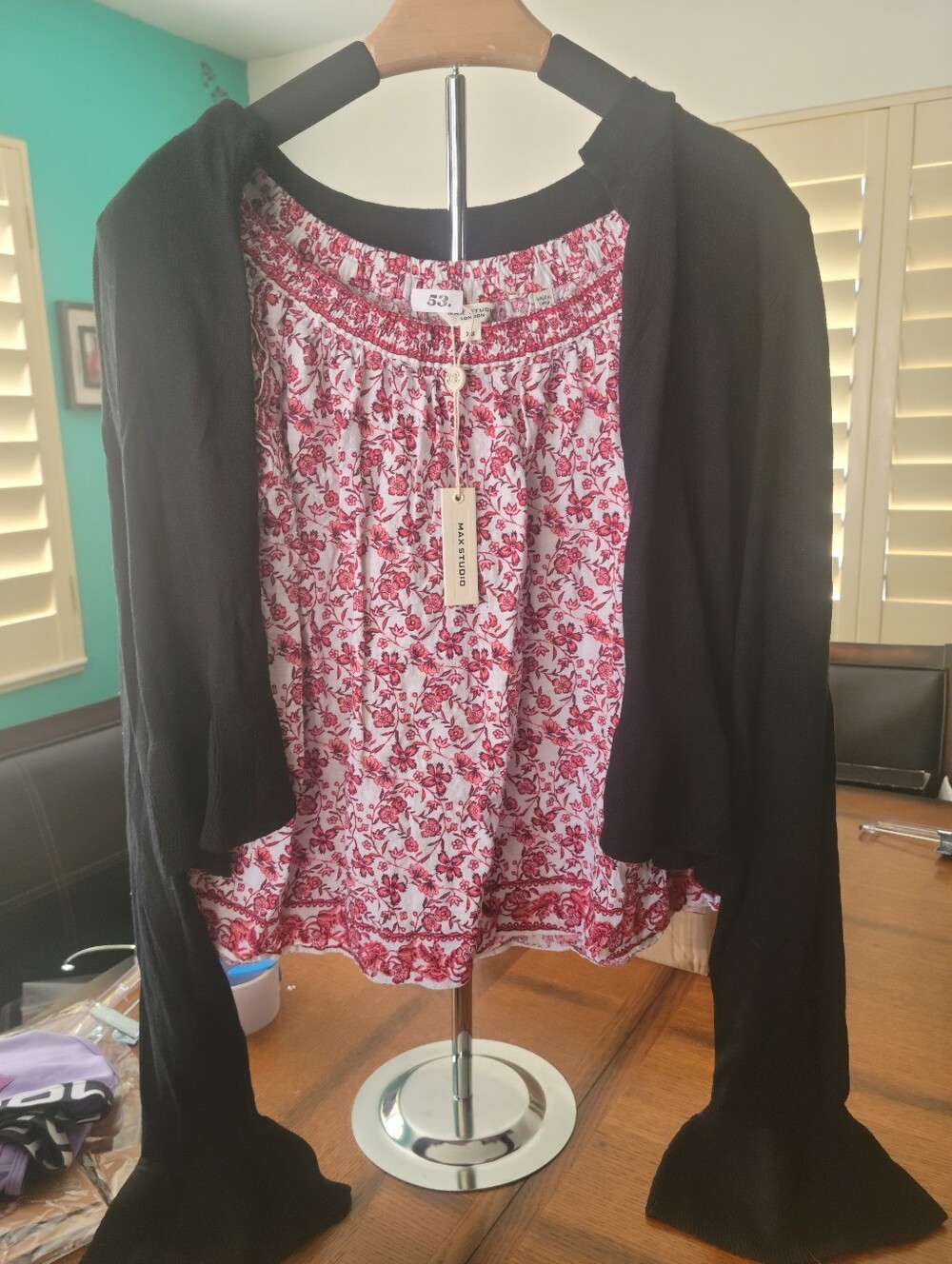 Max Studio Floral Red & White Blouse With 80% Silk Black Cardigan Layer